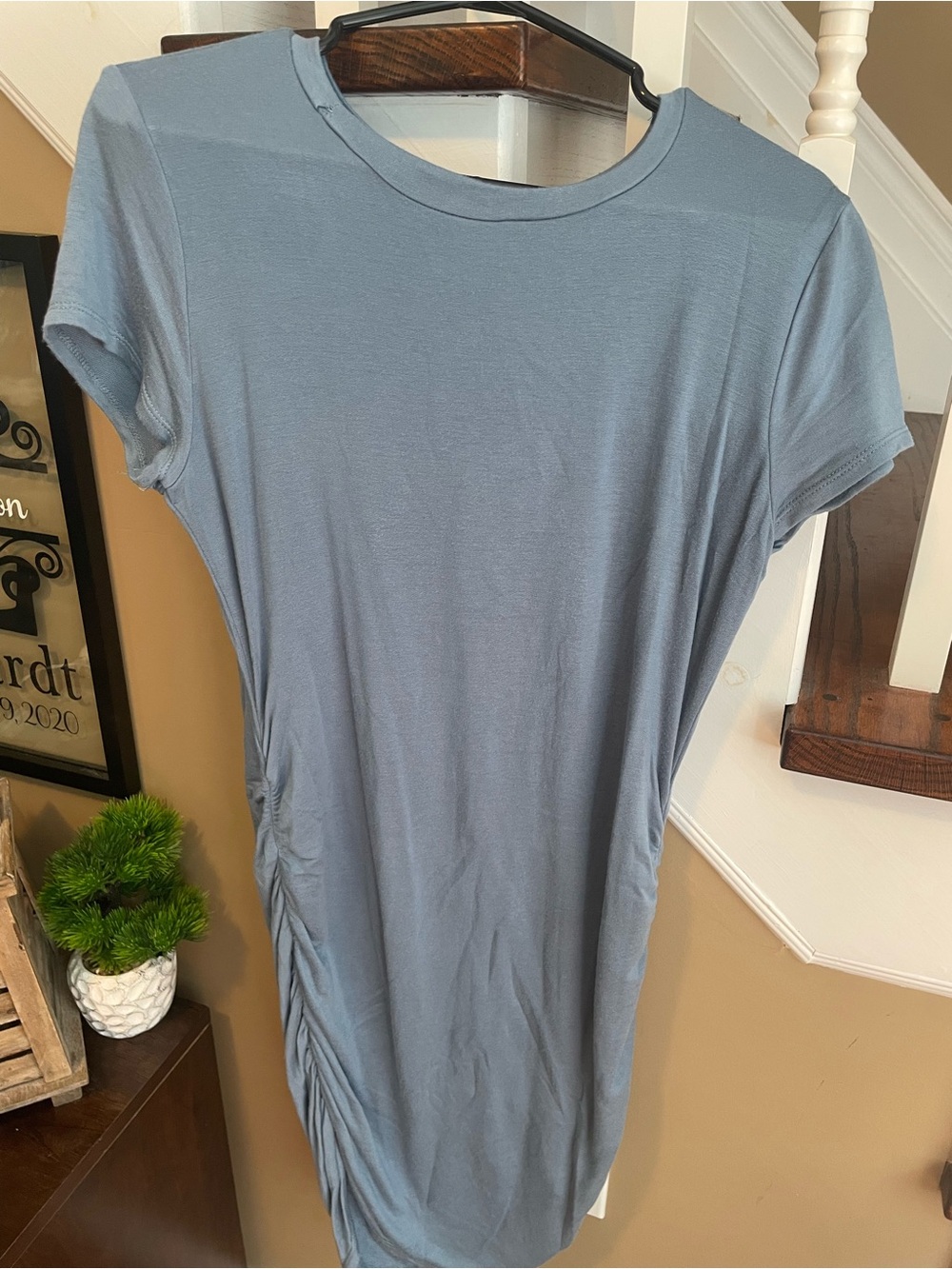 Simple Slate Blue Short Sleeve Ruched Side Dress